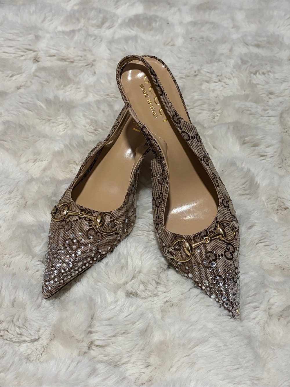 Brown/Beige Crystal-Embellished Pointed-Toe Slingback Mules